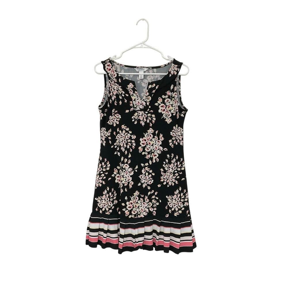 WHBM Floral V-Neck Dress Sleeveless Pleated Ruffle Hem Size Small